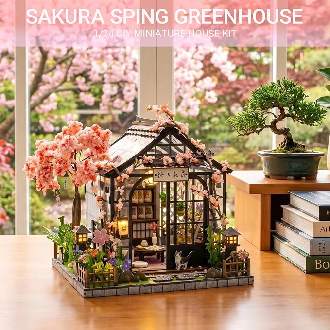 DIY Miniature House Kit, Fairy Dollhouse for Adults to Build, Mini Home Building Kit with Wooden Furniture & LED Lights,Garden Detials, Gift for Family and Friends (Spring Sakura Greenhouse)