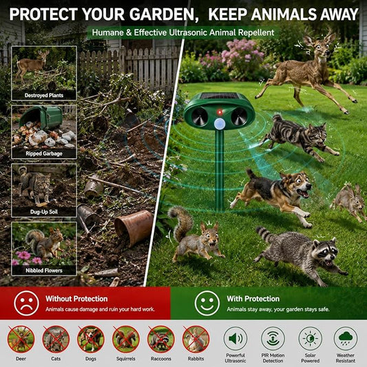 2 Pack Ultrasonic Deer Repellent Devices,Cat Deterrent Outdoor Solar Animal Repeller for Squirrel Racoon Rabbit Fox Skunk,USB Charging Waterproof Motion Sensor Sonic Fortress Pro Deterrent for Garden