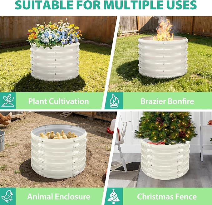 YSEJOMP 17" Tall 24" Diameter Round Raised Garden Bed Kits Outdoor White | 1.5 FT Tall,2FT Planter Bed for Flowers,Herbs,Vegetables,Trees,0.8MM Thick Galvanized Metal Painted,with Gloves,Tool free