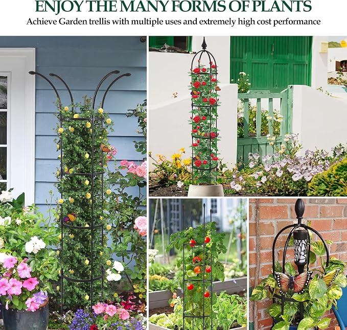 WellSign 2Pack Obelisk Trellis for Climbing Plants Outdoor 6.6ft, Garden Tower Trellis for Potted Plants Indoor with Twist Tie, Clips and Butterflies Rustproof Coated Metal Support for Vines Rose