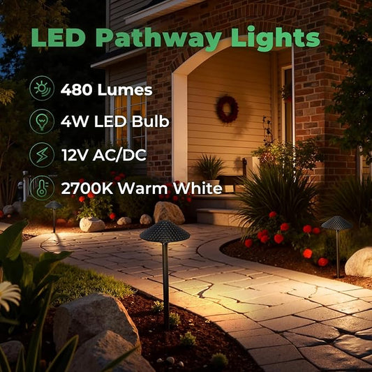 Gardencoin Low Voltage Pathway Lights (6.69'' Shade, 21.54'' Tall) 12V Outdoor LED Landscape Pathway Lighting Aluminum Vintage Hammered Path Lights with 4W 2700K Replaceable Bulb, 12 Pack