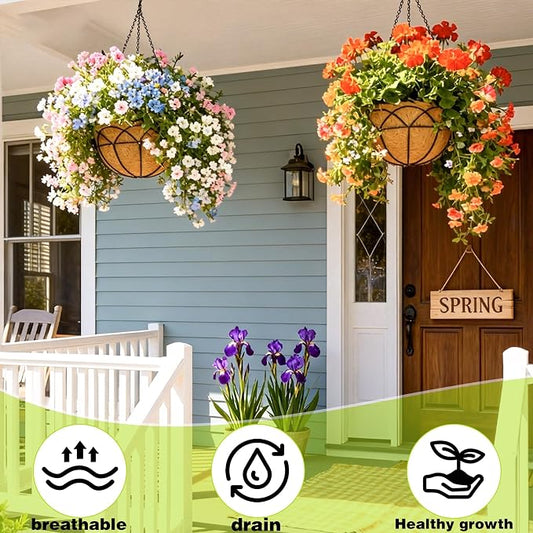 4 Pack 14 Inch Black Wire Hanging Planter with Coir Fiber Outdoor Round Hanging Basket with Metal Chain for Balcony Porch Farmhouse Country Style Garden Decor (Lotus Pattern)