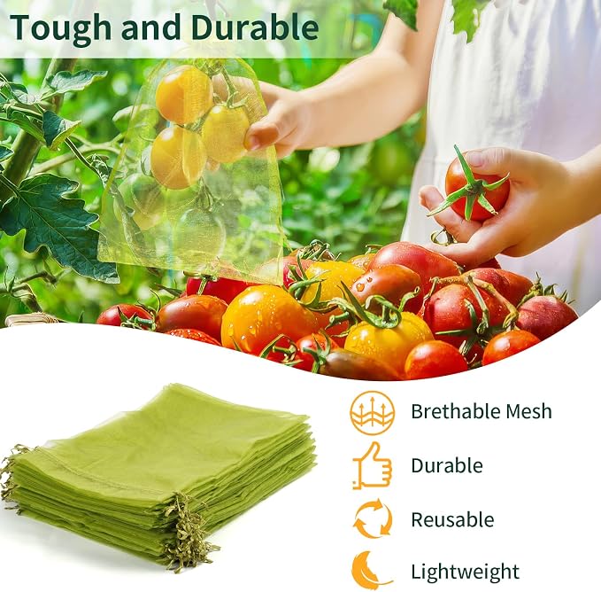 NIUBIER 50 Pcs Fruit Protection Bags, 4×6 in Green Fruit Nets for Fruit Tree, Drawstring Mesh Cover Bags to Protect Vegetables Tomato Strawberry Garden