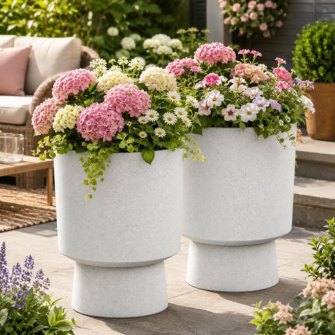 Autodaya 16.75" White Terrazzo Urn-Style Pedestal Planters Set of 2 | Modern 2-In-1 Pots with UV Protection for Indoor and Outdoor Plants, Garden, Patio, Balcony, or Entryway Decor