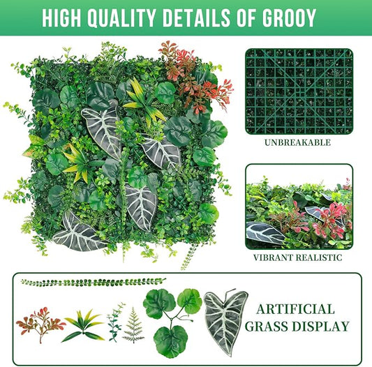 Grooy 20"x20"(16pcs) Grass Wall, Artificial Boxwood Panels, Grass Backdrop Wall for Privacy Screen, Sun Protected Green Hedge Panels for Outdoor, Indoor, Garden, Fence, Backyard and Décor