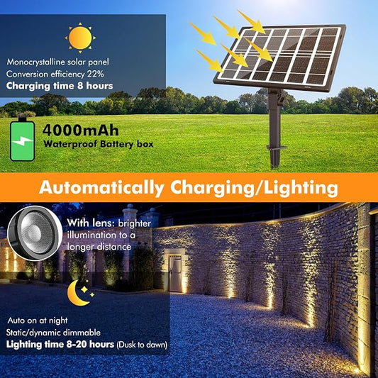 Cly Solar Landscape Spotlights, Solar Lights Outdoor IP66 Waterproof, Remote Control 2 Dynamic Modes 3 Brightness Adjustable 2700-6500K Auto On/Off 11M Cable for Garden Pathway Trees Flag 3 in 1