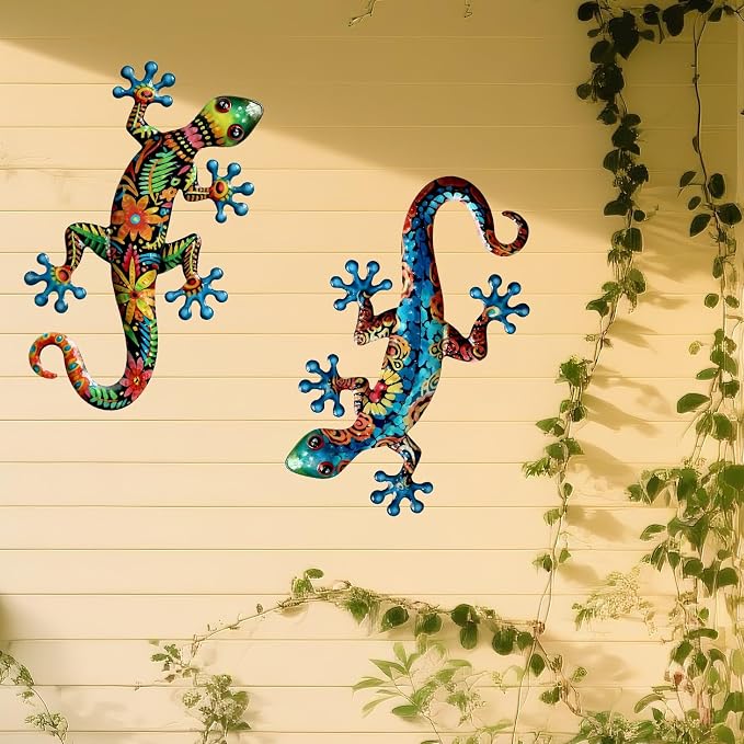 Ratuor Metal Gecko Wall Art Outdoor Fence Decor Lizards Wall Decoration 2 Pack Suitable for Hanging in Yard Livingroom Wall