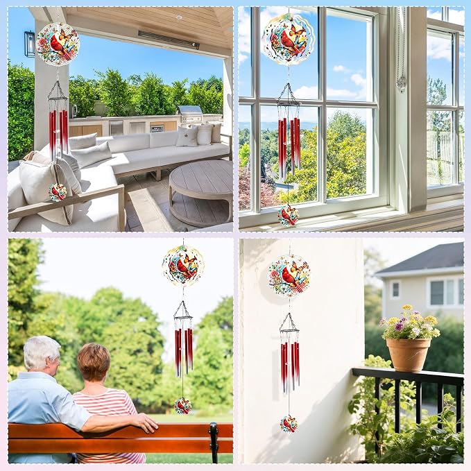 Cardinal Wind Chimes for Outside with 3D Butterfly Spinner, 28" Memorial Wind Chimes for Loss of Loved One, 6 Tuned Aluminum Tubes, Sympathy Gifts for Mom Grandma Garden Patio Decor