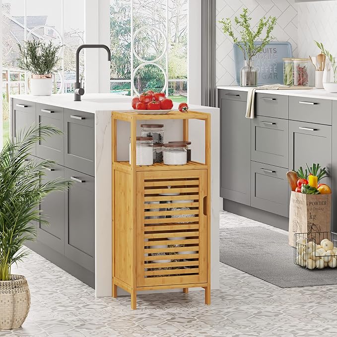 VIAGDO Bamboo Cabinet, Bathroom Storage Cabinet with Single Door and Shelf, Freestanding Bathroom Cabinet, Kitchen Cupboard, Sofa Side Table for Living Room/Hallway/Kitchen