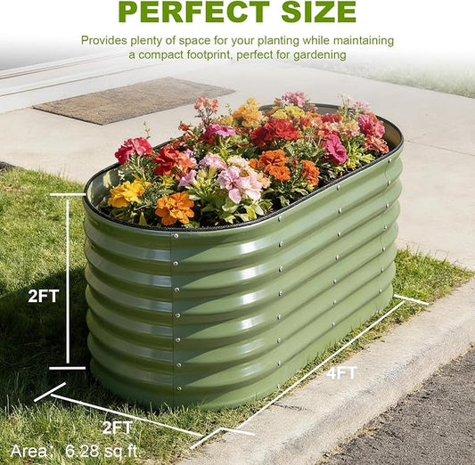 24" Tall Galvanized Raised Garden Bed Outdoor, 4x2x2ft Deep Metal Planter Box with Safety Edging & Support Bars, Large Oval Raised Beds for Gardening Plants Vegetables Herbs Flowers (Olive Green)