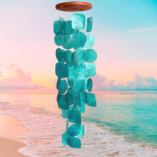 Bellaa Handmade Wind Chimes Outdoor, Musical, Garden Decorations, Beach, Ocean, Breeze, Gifts for Mom, Outside Windchimes, 63pcs, Capiz, Shells, Sea, Glass, Wood, Turquoise, 20744