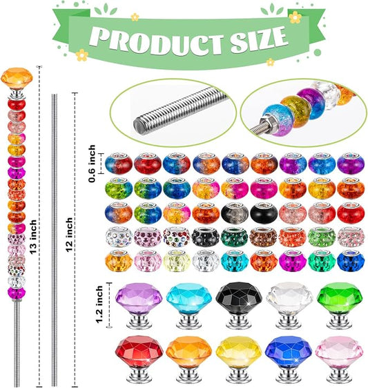 230 Pcs Beaded Garden Stakes, 12 IN Fairy Wand Garden Stake Beads Kits | 200 Colorful Assortment Round Large Hole Beads, 10 Crystal Stopper Top, 10 Threaded Rod & 10 Nuts, Outdoor Decoration