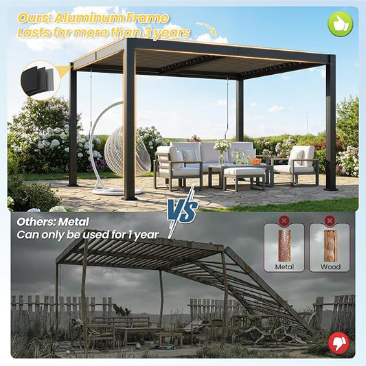 10' x 12' Louvered Pergola, Aluminum Frame Outdoor Pergola with Adjustable Louvered Roof & Integrated Gutter System, Hardtop Patio Gazebo for Backyard, Deck, Garden, Dark Gray