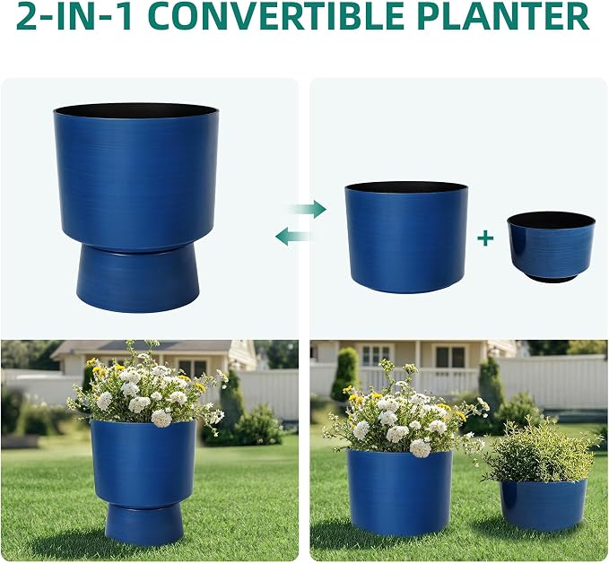 2-Pack 16.8" Brushed Blue Plastic Urn Planters with Detachable Bases | Set of 2 PP urn planters with brushed blue finish, detachable bases, drainage plugs, and UV-treated finish for porch
