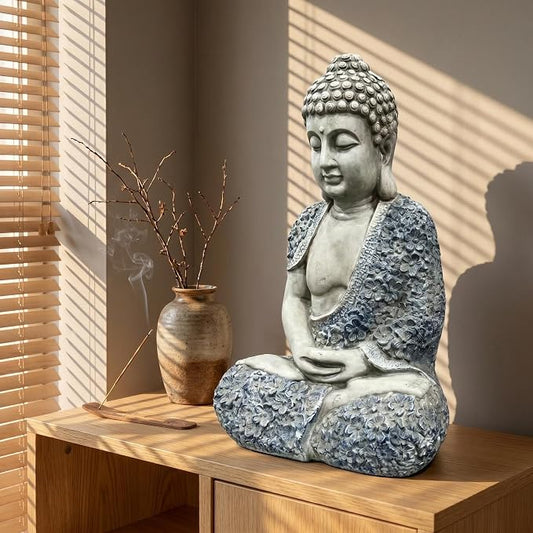 Large 16" Meditating Buddha Statue with Blue Accents, Weatherproof Resin Sculpture for Outdoor Patio Yard Zen Decor, Feng Shui Mindfulness Ornament, Housewarming Spiritual Gift