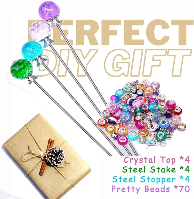 Handmade Beaded Garden Stakes – Set of 4 Decorative Crystal Plant Wands, Glass Suncatcher Ornaments for Potted Plants & Flower Beds, Unique Garden Gifts for Plant Lover & Mother’s Day – 12 Inch