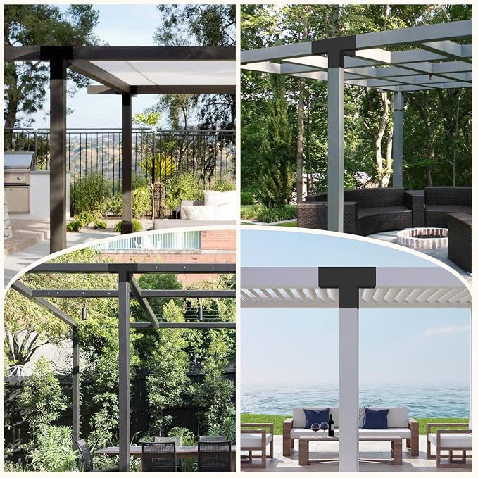 2 Pcs 4"x 4" Pergola Brackets(Actual Fit : 3.6“x3.6“) Post | 4-Way 90° Right Angle Corner Bracket|DIY Pergola Kit with Black Powder Support Gazebos|Patio PergolasCoated