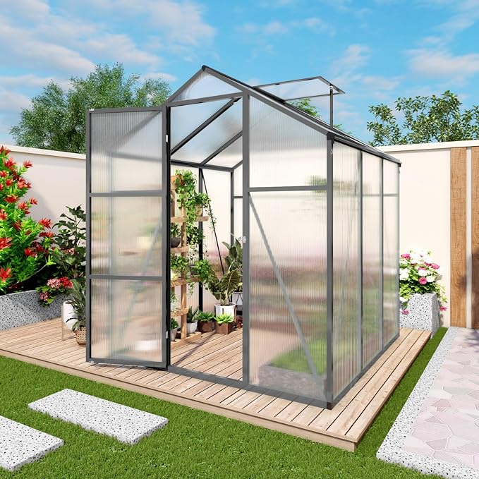 6x6 FT Greenhouse, Walk-in Heavy Duty Polycarbonate Outdoor Greenhouses with Raised Base & Anchor, Height-Enhanced Aluminum Frame, & Drainage System for Backyard All Season Growing, Black