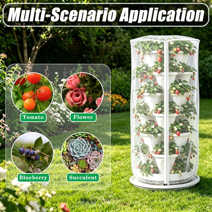 24"x59"Vertical Plant Pot Insect Netting with Zipper for Strawberry Planter | 2 Pcs Stackable 6-7 Tier Planter Pot Insect Mesh Protection for Herb Flower Fruit Vegetable, Front and Rear Two Zippers