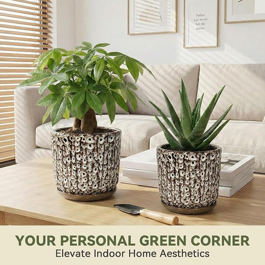 7.5 Inch Ceramic Planter Pot with Saucer Drainage Leak-Proof Mesh,Flower Pots for Indoor Plants with Gardening Gloves,Ceramic Planter(Spotted-White)