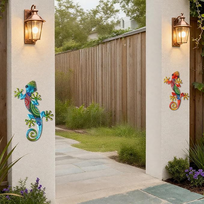 WANFSOWO 3D Metal Gecko Wall Art, Hand-Painted Colorful Lizard Wall Sculpture, Indoor Outdoor Hanging Decor for Garden Fence Patio Porch Backyard, Home Decor Gift (Style 1)