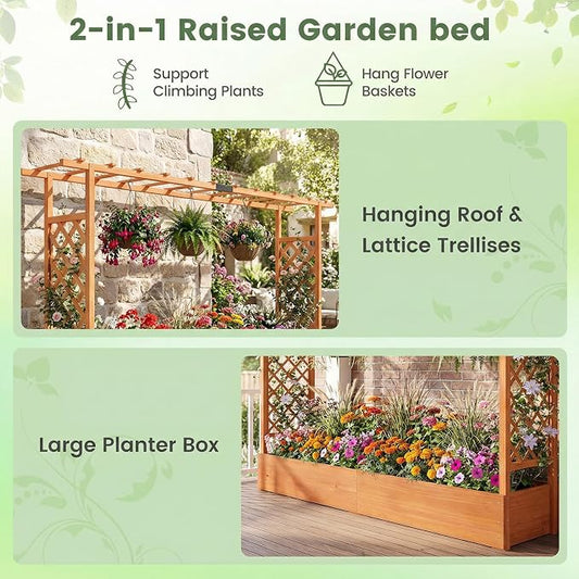 Giantex Wooden Raised Garden Bed with Trellis & Hanging Roof, 2 Pack Fir Wood Planter Box, 45” Freestanding Elevated Garden Bed for Outdoor Climbing Plants Vegetables Flowers, Patio & Balcony, Orange