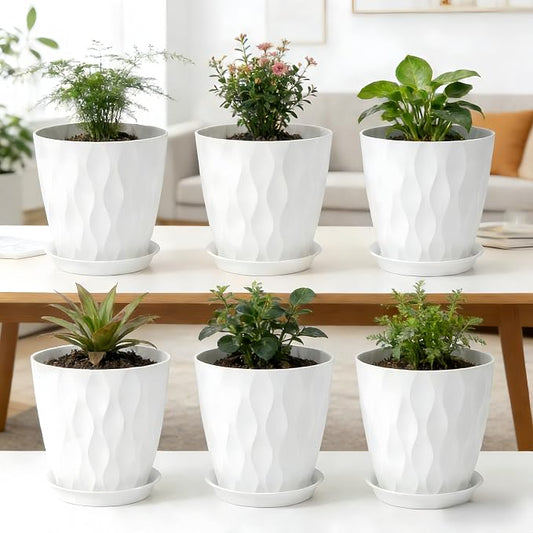 8 Inch Plant Pots Plastic Planters with Drainage Holes & Saucer, 6 Pack | White, 3D Water Ripple Texture, for Indoor Outdoor Plants, Decoration Flower Pots for Garden Home