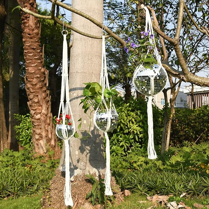 8" Silver Disco Ball Planter with Hanging Rope, Hanging Chain, Hook, Circle | for Decoration