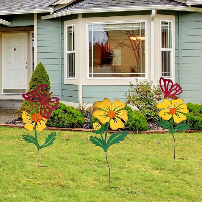 3 Pack Butterfly&Flower Metal Flowers for Outside & Decorative Garden Stakes - Metal Yard Art Outdoor and Garden with Rustproof Design | Spring Lawn Ornaments for Porch,Backyard,Patio