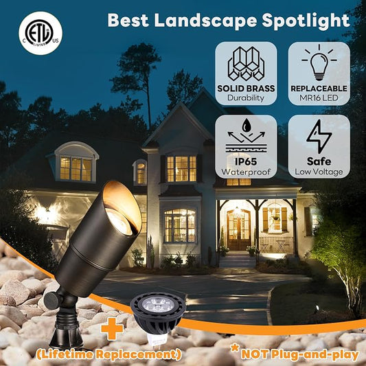 Gardenreet Brass Landscape Spotlights 12V, Low Voltage Spot Light Outdoor LED, Wired IP65 Waterproof Uplight, ETL Bronze for Garden Yard Tree House with 5W 2700K Warm White MR16 Bulb