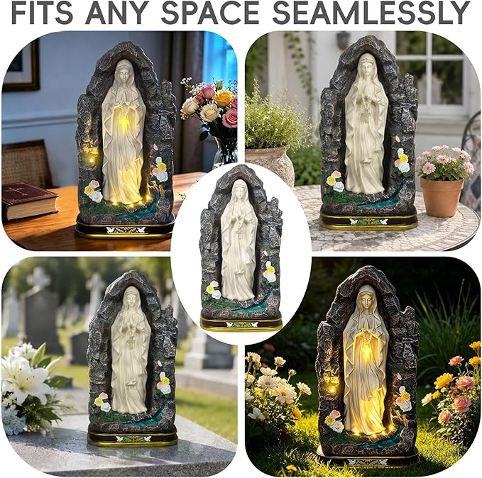 Solar Virgin Mary Garden Statue 18.7" H - Outdoor Blessed Mother Sculpture with Warm Light, Hand Painted Resin Religious Decor for Yard Patio Entryway, Catholic Gift for Mom Women