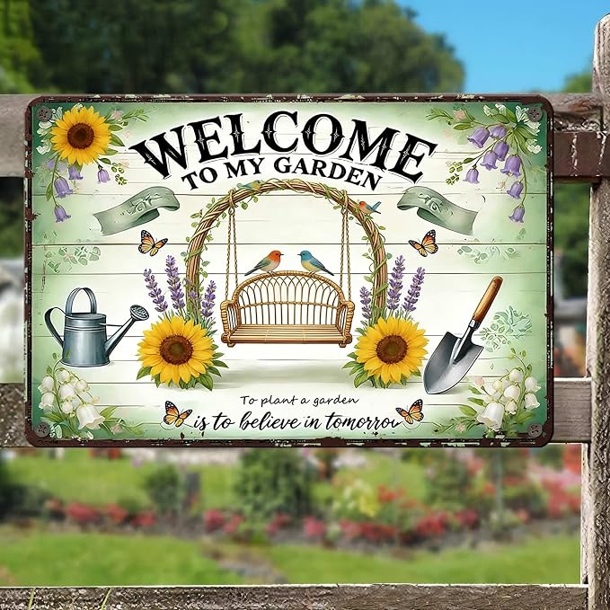 PEACHGARDEN Welcome To My Garden Metal Sign Women's Gardening Gift Garden Wall Art Decor For Outdoor Yard Patio Porch 8x12 inch