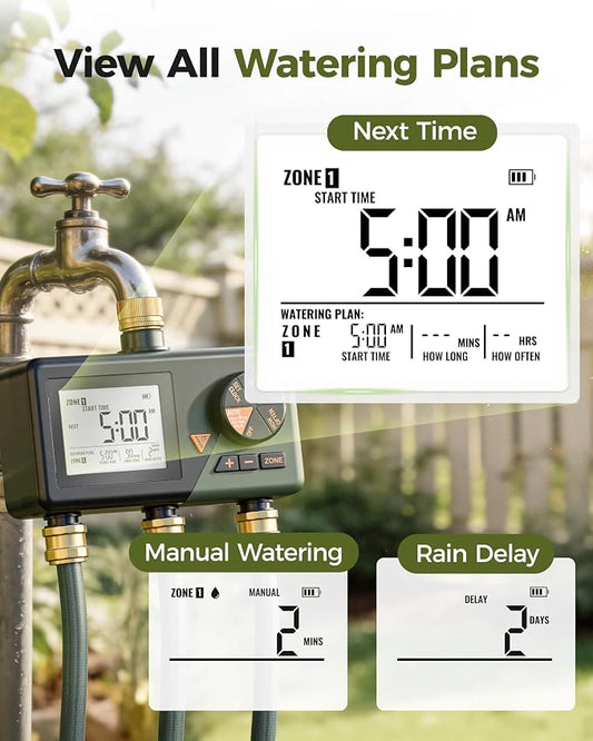Diivoo Brass 3 Zone Sprinkler Timer, Programmable Hose Timers for Watering | Large Display, Rain Delay & Manual Mode, for Outdoor Automatic Irrigation of Garden, Lawn, Yard