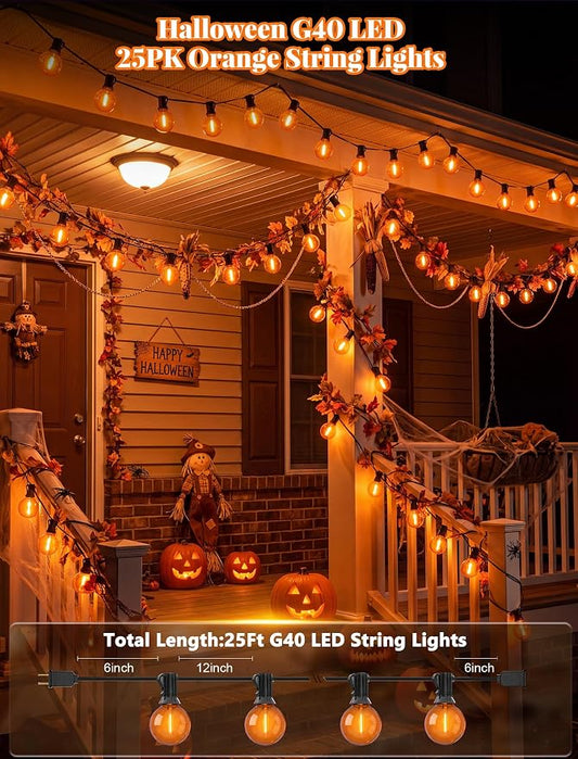 25 LED Outdoor String Lights, 25Ft Halloween Decoration Lights | Shatterproof Orange G40 Bulbs, Connectable, Plug in, UL Certified, Hanging Halloween Lights for Home Decor Patio