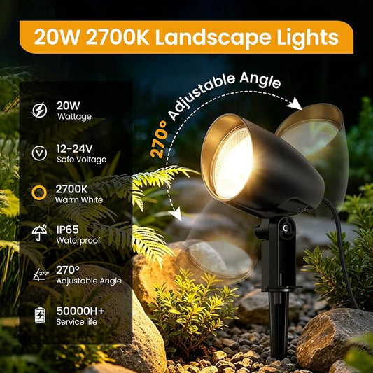 Low Voltage Landscape Lighting Kit, 20W 2700K LED Landscape Lights with Transformer 65FT Wire & Connectors, IP66 Waterproof Pathway Lights Outdoor Spotlight for Garden Yard Patio (6 Pack)