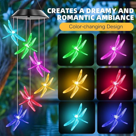 Dragonfly Solar Wind Chimes Outdoor, Color Changing Solar Lights, | Gifts for Mom Grandma, Waterproof Decorative Mobile Light, Gardening Gift for Garden,Patio, Window, Yard, Outdoor Decor