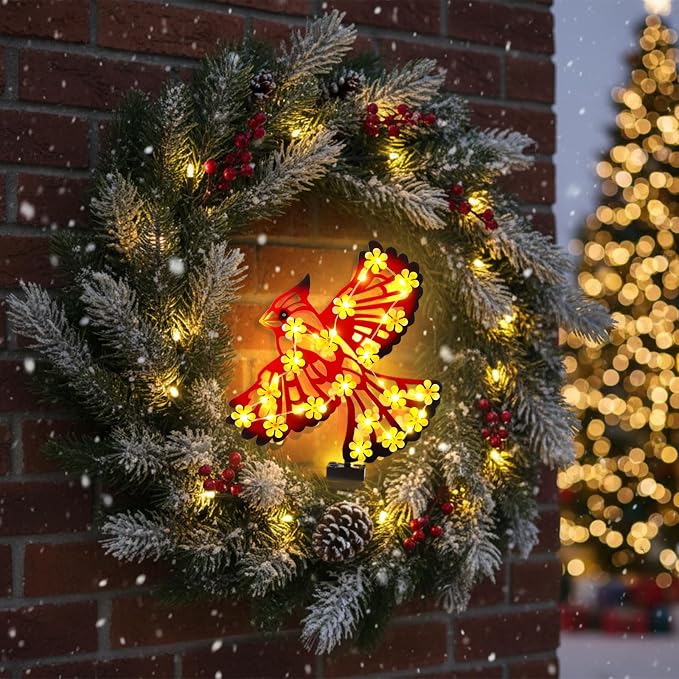 Metal Cardinal Outdoor Wall Decor with 30 Led Solar Lights- 15.9" Outdoor Fence Wall Art Decor, Gift for Mom Grandma Women Birthday Gardening,Hanging Decoration for Garden Patio Porch Yard