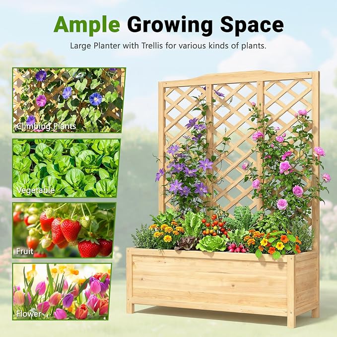 DoCred Raised Garden Bed with Trellis, 44" L x 16" W x 59" H Freestanding Elevated Planter Box for Climbing Plants, Outdoor Wooden Privacy Screen with Garden Box for Backyard Patio Balcony Decoration
