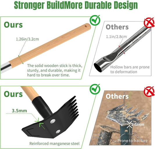 Garden Hoe with Long Bamboo Handle, 2 in 1 Weed Puller Tool&Manual Weed Remover, Weed Rake&Grabber, Gardenia Heavy Duty Uprooting Tool for Yard, Lawn and Garden, 49Inch 
