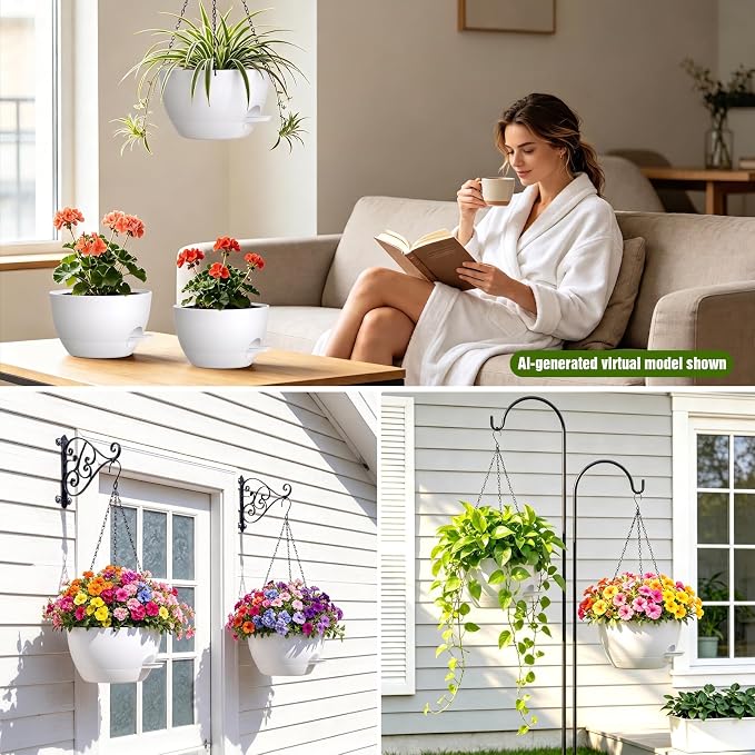 8 Inch Self Watering Hanging Planters Set of 3 with Saucers | Set of 3 8-inch self-watering hanging planters with side-fill watering ports, chain hangers & snap-on saucers
