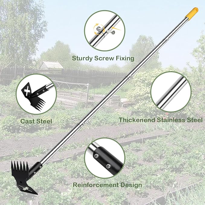 Weed Puller Tool with Long Handle, 60" Manual Weeding Tools Gardening, 2 in 1 Hand Weed Rake and Hoe Garden Weeder Tool, Uprooting Pulling Weed Remover Tool for Yard, Patio, Lawn and Garden (Yellow)
