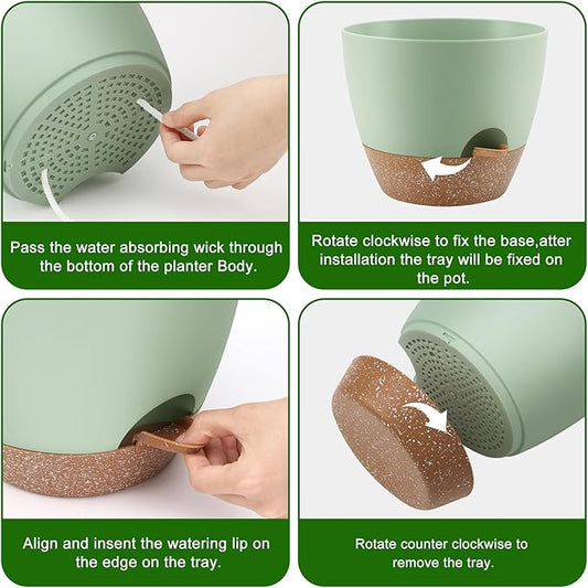 Plant Pots 12/10/9 Inch Self Watering Pots, Set of 3 Plastic Planters with Drainage Holes and Saucers,Plastic Flower Pots,Nursery Planting Pot for Indoor Out Door Plants(Green)
