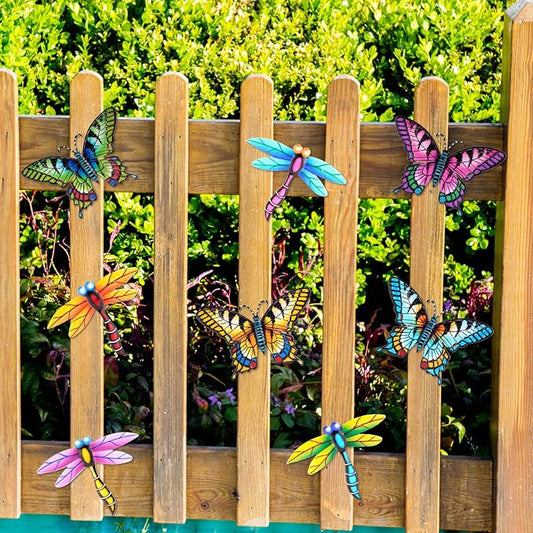 DEWEL 8 Pcs Metal Butterfly Dragonfly Wall Decor, Garden Decor for Outside Wall Art, Colorful Hanging Decorations Outdoor Wall Decor for Garden Fence Patio Yard, Great Gift Choice