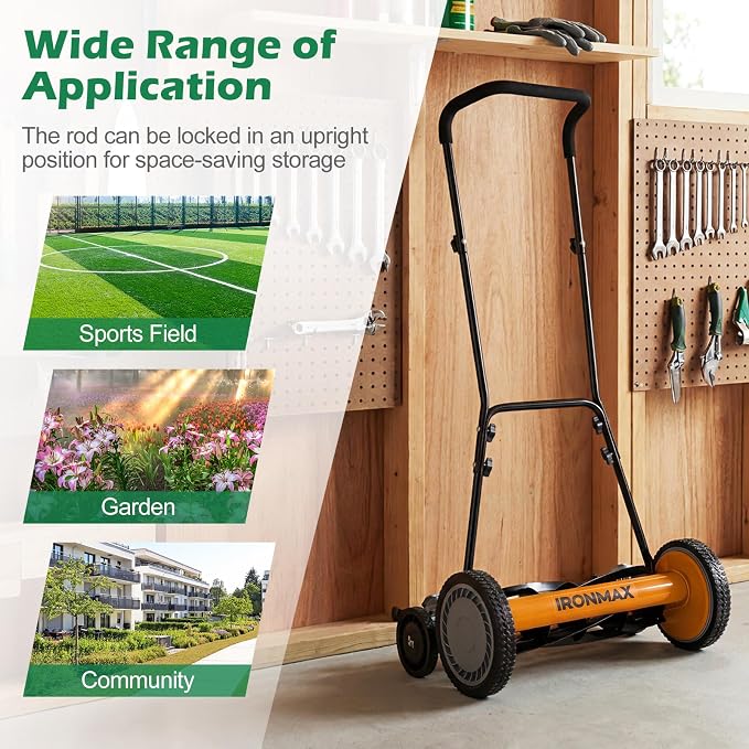 IRONMAX 18 Inch 5-Blade Push Reel Lawn Mower, 9-Level Adjustable Cutting Heights, Removable Grass Catcher, Lightweight No Motor Walk-Behind Manual Grass Cutter for Garden Yard Park (Orange, 18 Inch)