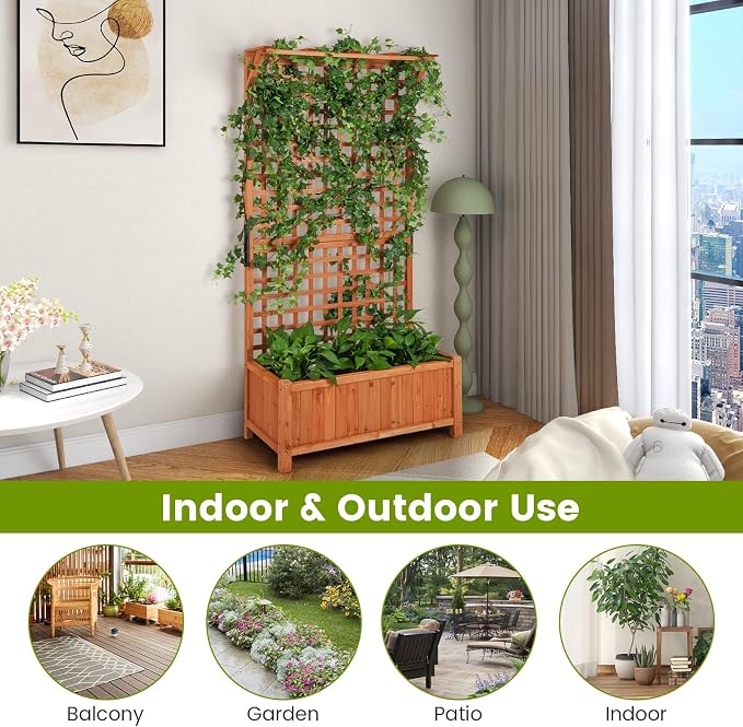 HAPPYGRILL Raised Garden Bed with Trellis, 72.5" Planter Raised Bed with Drainage Holes, Freestanding Garden Box for Vine Climbing Plants, Wooden Planter Box for Yard Balcony (2, Orange)