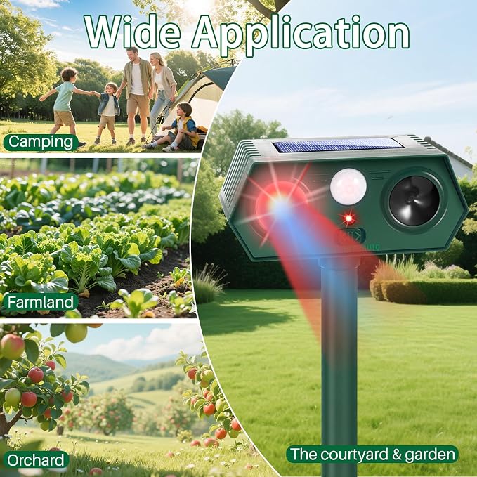4Pack Solar Animal Repeller Outdoor,Waterproof Sonic Fortress Pro Deer Repellent Devices,Cat Repellent with Red&Blue Flash Lights to Scare Rabbit Raccoon Squirrel