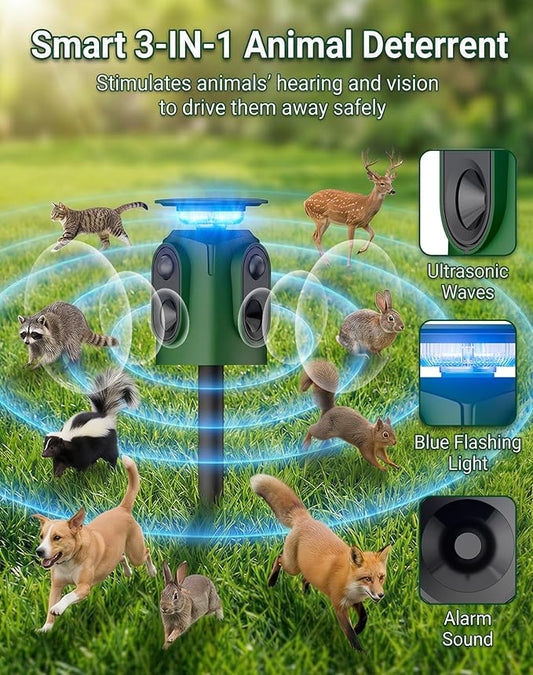 2 Pack 360° Solar Deer Repellent Devices, Ultrasonic Animal Repeller with Motion Sensor & LED Lights, Waterproof Cat Repellent Outdoor, Repel Dog, Raccoon & Coyote Out of Garden - USB Rechargeable