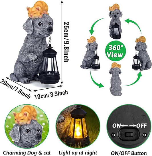 for Mom – Solar Dog Garden Statues with Lantern and Sleeping Cat, Resin Pet Figurine Light for Outdoor Yard Decor, Gift for Women Grandma
