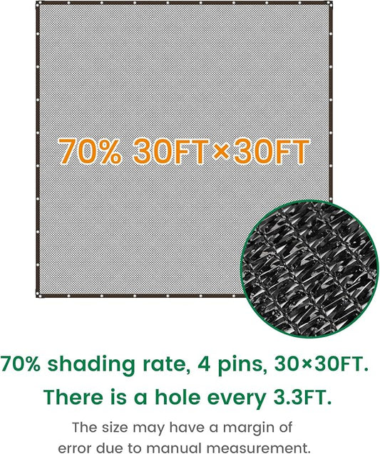 Shade Cloth, 30FT X 30FT 70% Black Outdoor Woven Sun Shade with Grommets, Durable Breathable Netting Shading Antifreezing for Patio, Garden, DIY Home, Plants Cover, Greenhouse, Dog Kennel