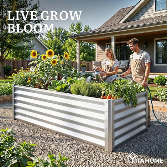 YITAHOME 6x3x3ft Galvanized Raised Garden Bed, Metal Planter Box with Safety Rubber, Gloves, Outdoor Flower Bed for Planting Plants Vegetables, Silver